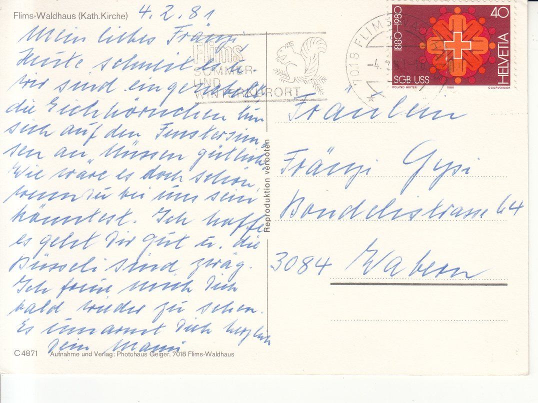 Cartoline postali: Flims-Waldhaus Kirche 1981 – Usato da Bürglen TG venduto da StampGraf 1
