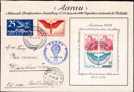 1938, AARAU-Block Nr. W11+ Flug Nr. F11z+F5 auf offiz. Beleg