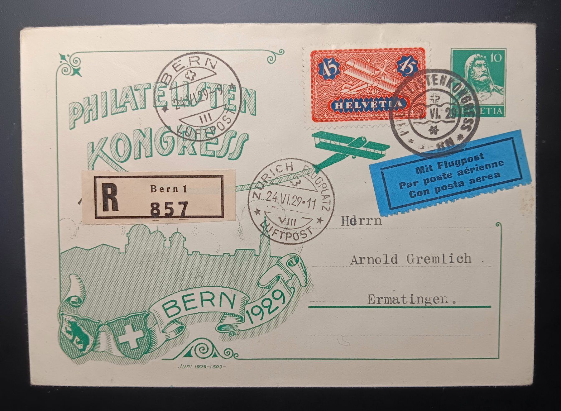 Alle Briefmarken: FLUGPOST EINSCHREIBE BRIEF NACH ERMATINGEN 1929 – Gebraucht aus Holderbank AG von DINOS-PHILA