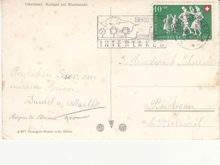 Cartoline postali: Interlaken Blumenuhr 1951 – Usato da Bürglen TG venduto da StampGraf 1