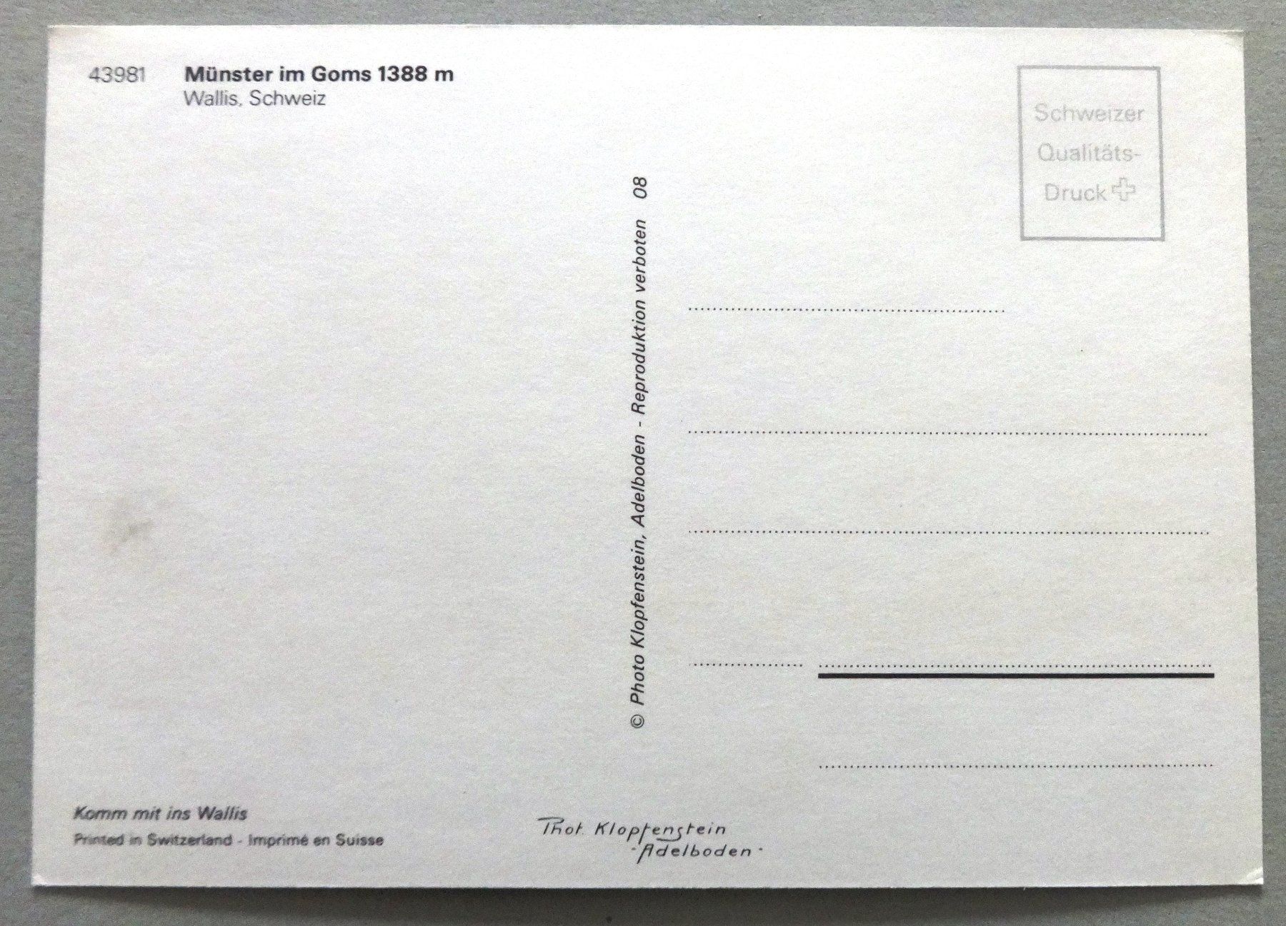 Cartoline postali: Münster im Goms, 1388 m – Usato da Fétigny venduto da Billy2miny 1