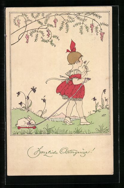Cartoline postali: Mela Köhler: Ostergruss, Mädchen mit W – Usato da Berlin venduto da bartko-reher