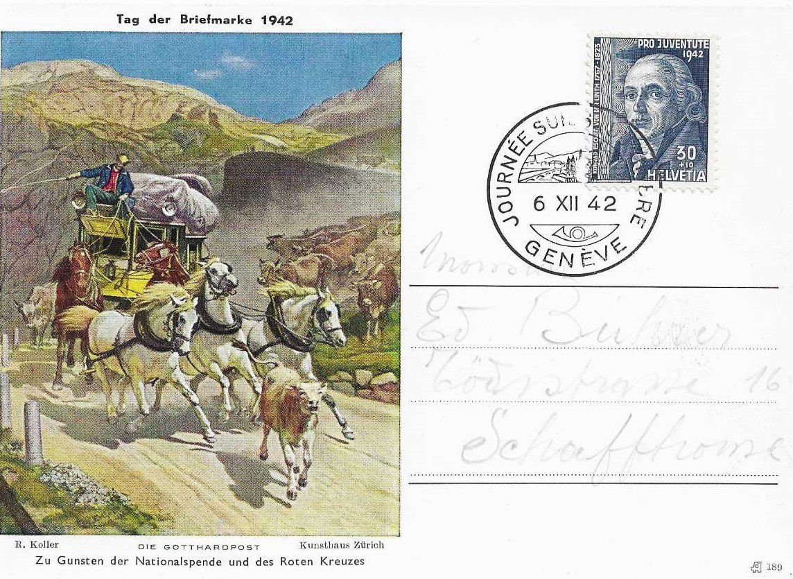 Cartoline postali: TAG DER BRIEFMARKE 1942 POSTKUTSCHE GOTTHARDPOST – Usato da Schlossrued venduto da Aronliam