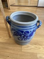 Rustikale Steingut Vase/Übertopf mit blauem Deko