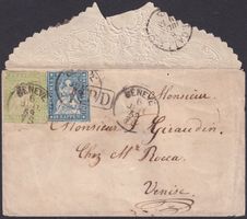 Seltener Zierbrief mit Prägedruck von GENF nach VENEZIA, RAR