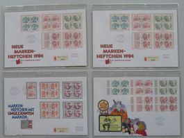 1984: Markenhefte: Viererblöcke auf Luxus-FDC, sauber.