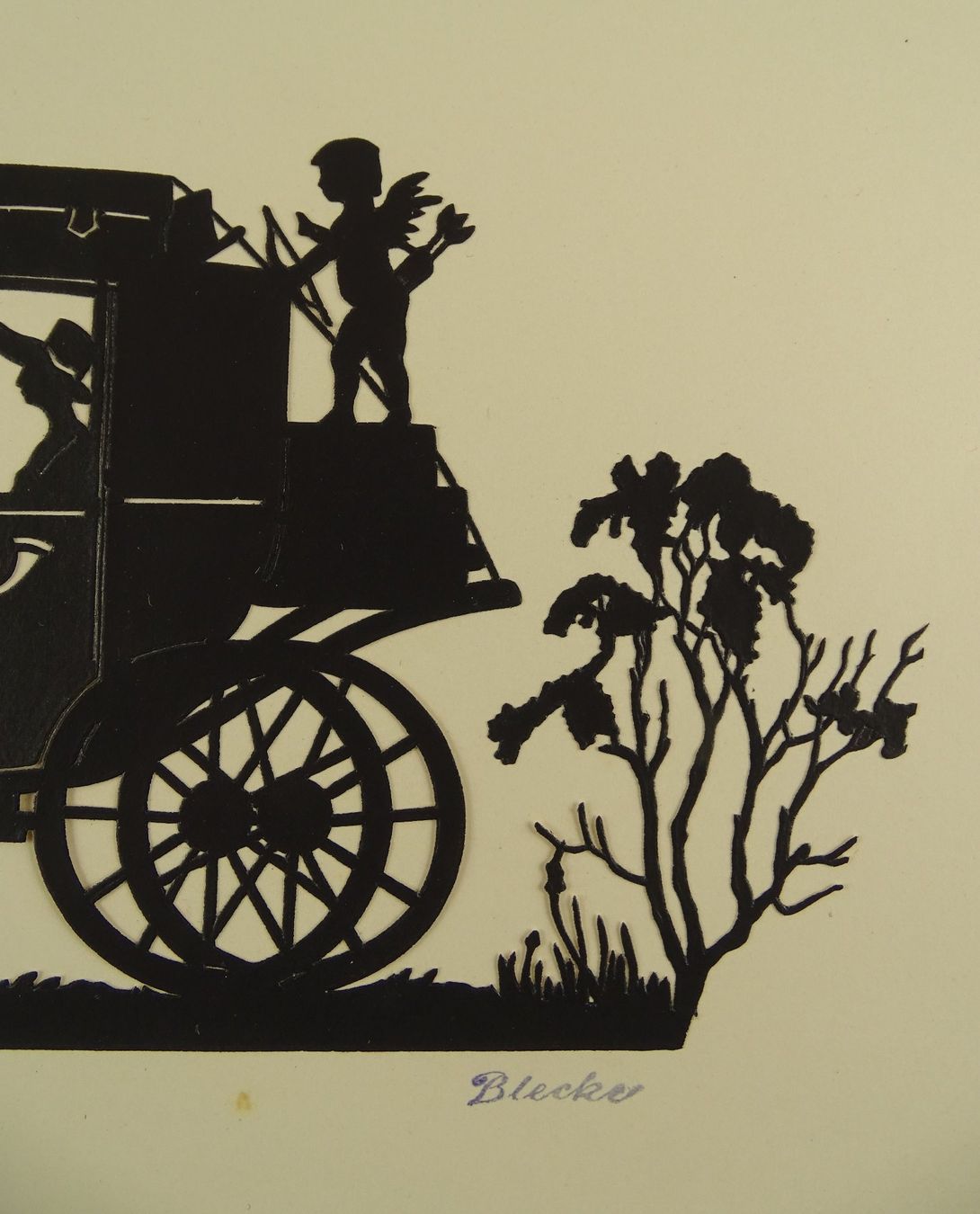 Grafica & Litografie: ALTER SCHERENSCHNITT POSTKUTSCHE MIT PAAR UND CUPIDO – Usato da Grüningen venduto da Kartensammler 2
