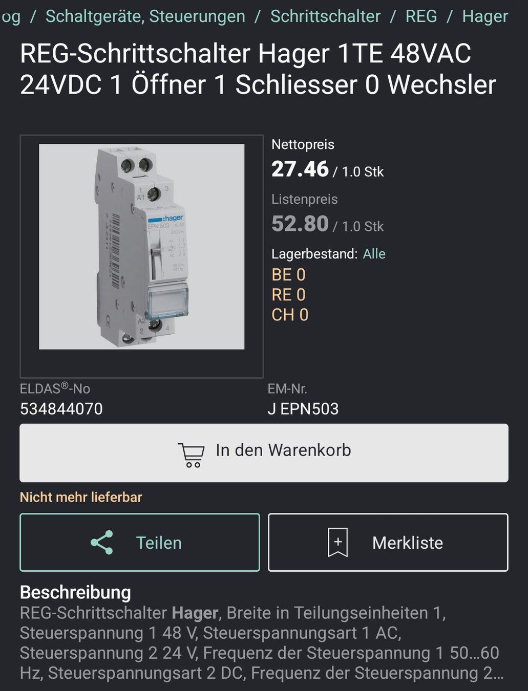 Interruttori: Hager REG Schrittschalter – Nuovo e nell'imballaggio originale da Thun venduto da werft_thun