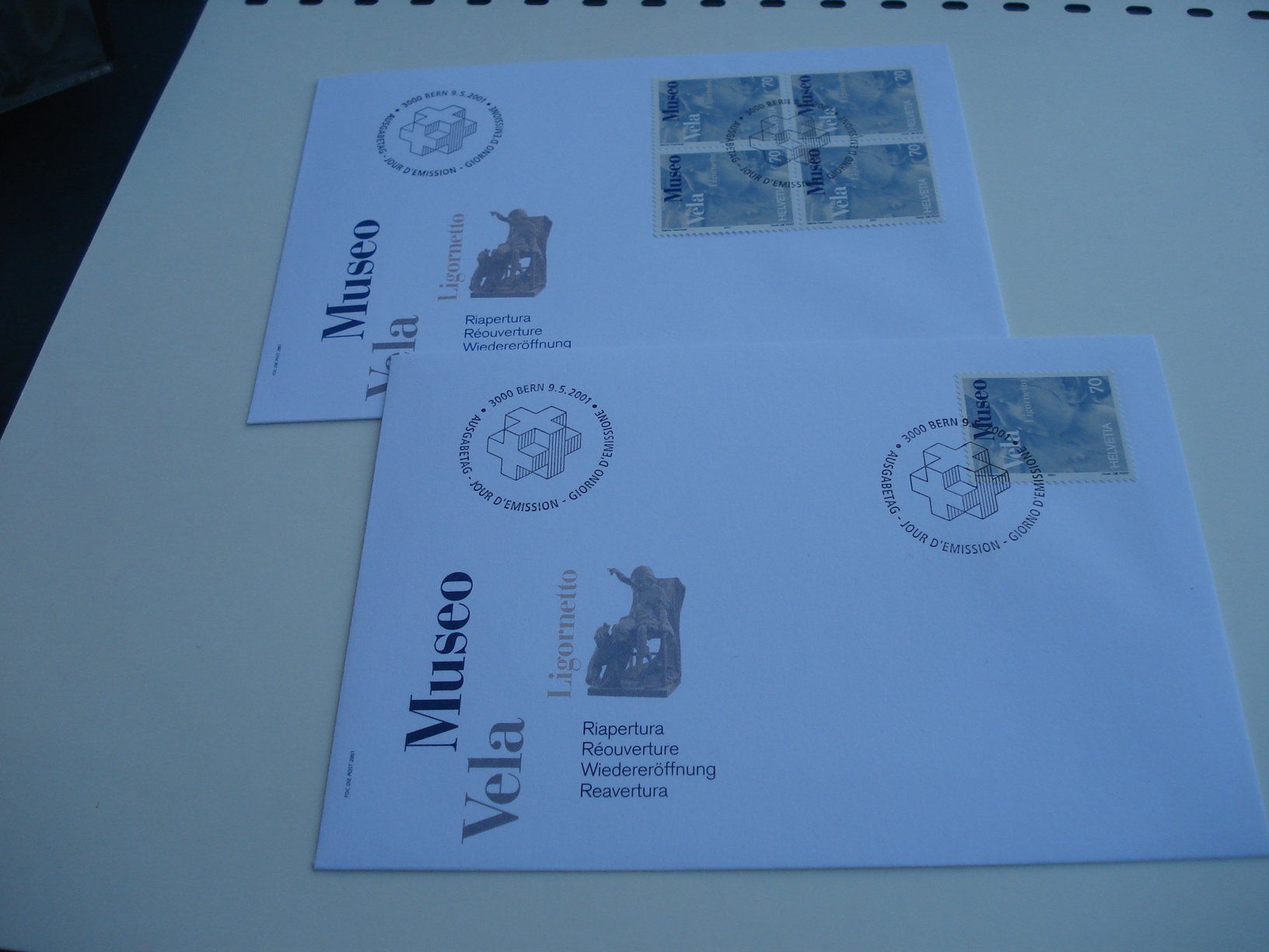 Tutti i francobolli: Marke MUseo Vela, 2001, FDC Einzel + 4erblock, 2 Belege – Usato da Niederwil AG venduto da morostahu 1