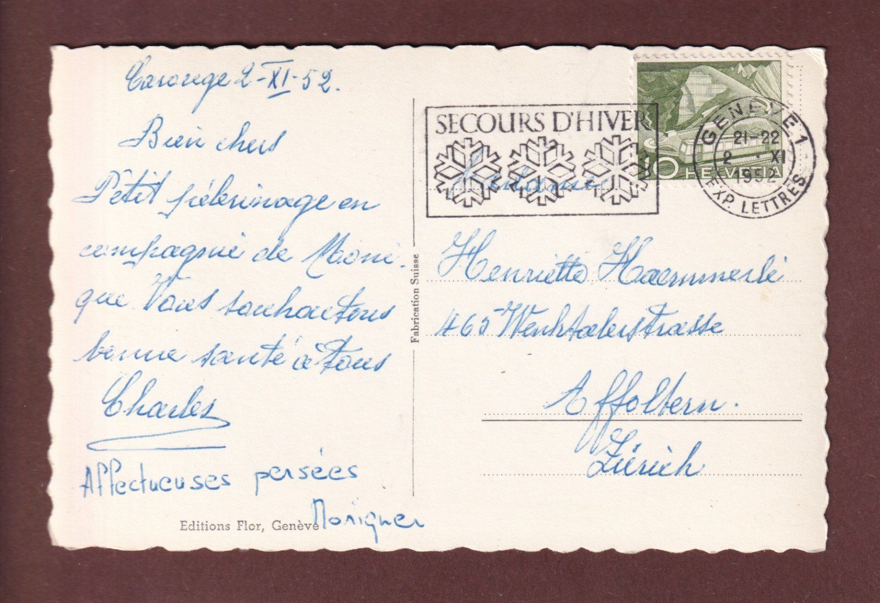 Ansichtskarten: GENEVE - La Treille - 1952 – Gebraucht aus Pully von nicecards-shop 1