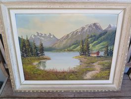 Ölgemälde Bergsee mit Hütte gerahmt guter Zustand