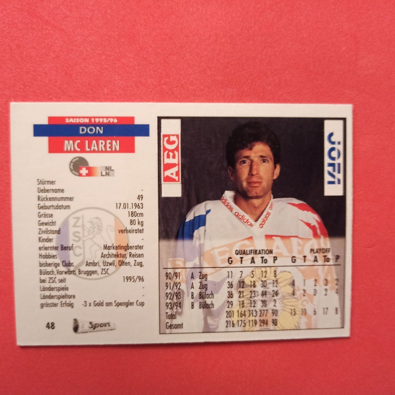 Carte collezionabili: Don McLaren - ZSC Card - 1995/96 – Usato da Dübendorf venduto da kb86_MOVIE 1