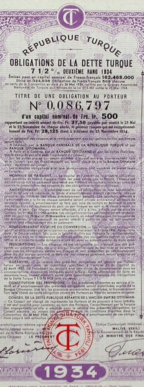 Documenti: 7,5% République Turque - 1934 – Usato da Solothurn venduto da Sgasche 1