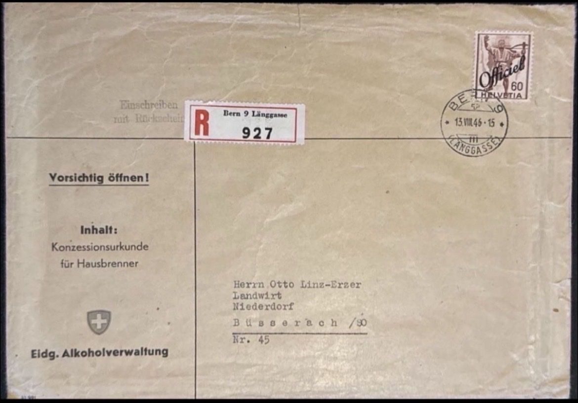 Tous les timbres: Konzessionsurkunde Eidg. Alkoholverwaltung Hausbrenner – D'occasion à birsfelden par tim0444