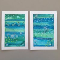 2 x Aquarell Original Abstrakt blau grün - 14.5 x 20.5cm