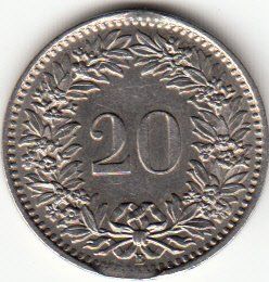 Tutti le monete: Abart -- 20 Rappen 1968 mit Zainende – Usato da Gossau SG venduto da Gallus00 1