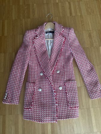 Zara Tweed Blazer Jacke Rot/Weiss, Grösse XS - Neuwertig!