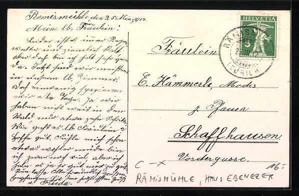 Ansichtskarten: AK Rämismühle, Haus Ebenezer, 1912 – Gebraucht aus Berlin von bartko-reher 1