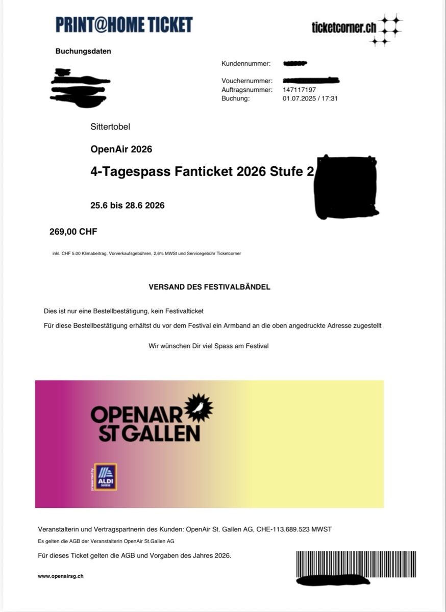 Tickets: Openair St.Gallen 2026 4-Tagespass – Neu und originalverpackt aus Wolfhalden von oci_7gzj