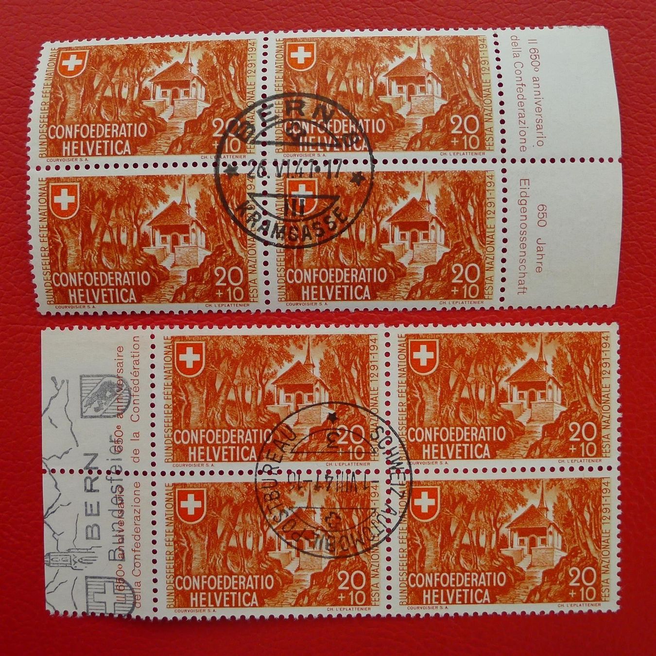 Alle Briefmarken: 1941, B14+B14c Vierer-Blöcke gestempelt, Kat: 475.- – Gebraucht aus Sursee von Luzernerraute