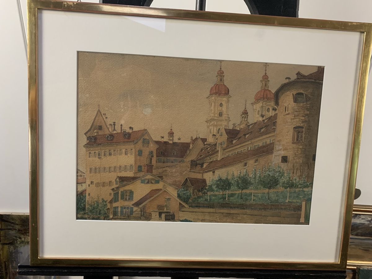 Dipinti: St. Gallen Klosterkirche antikes Aquarell – Usato da Wolfhalden venduto da SecondAntique 1