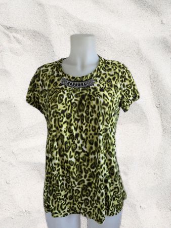 Damen T-Shirt kurzarm Leomuster mit Schmucksteinen Grösse M