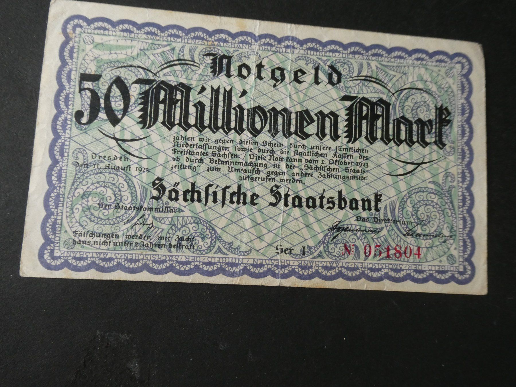 Banknoten: Sachsen 1923,  50 Millionen Mark – Gebraucht aus Hinterforst von Rohusri