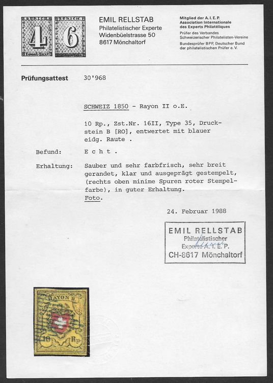 1850: Rayon 10 Rp.No 16II Type 35 Stein B Attest Rellstab (Gebraucht ...