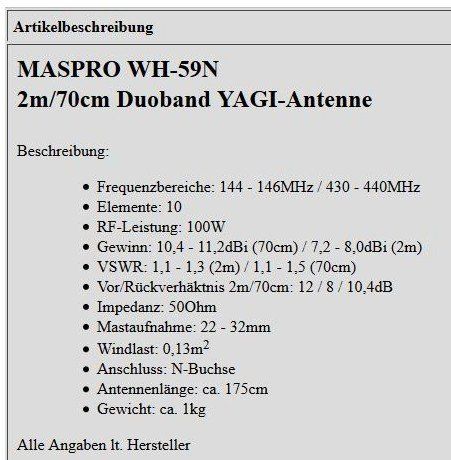 Radiocomunicazione: Maspro 2 m 70 cm Yagi WH-59 – Usato da Steinhausen venduto da Romust 1