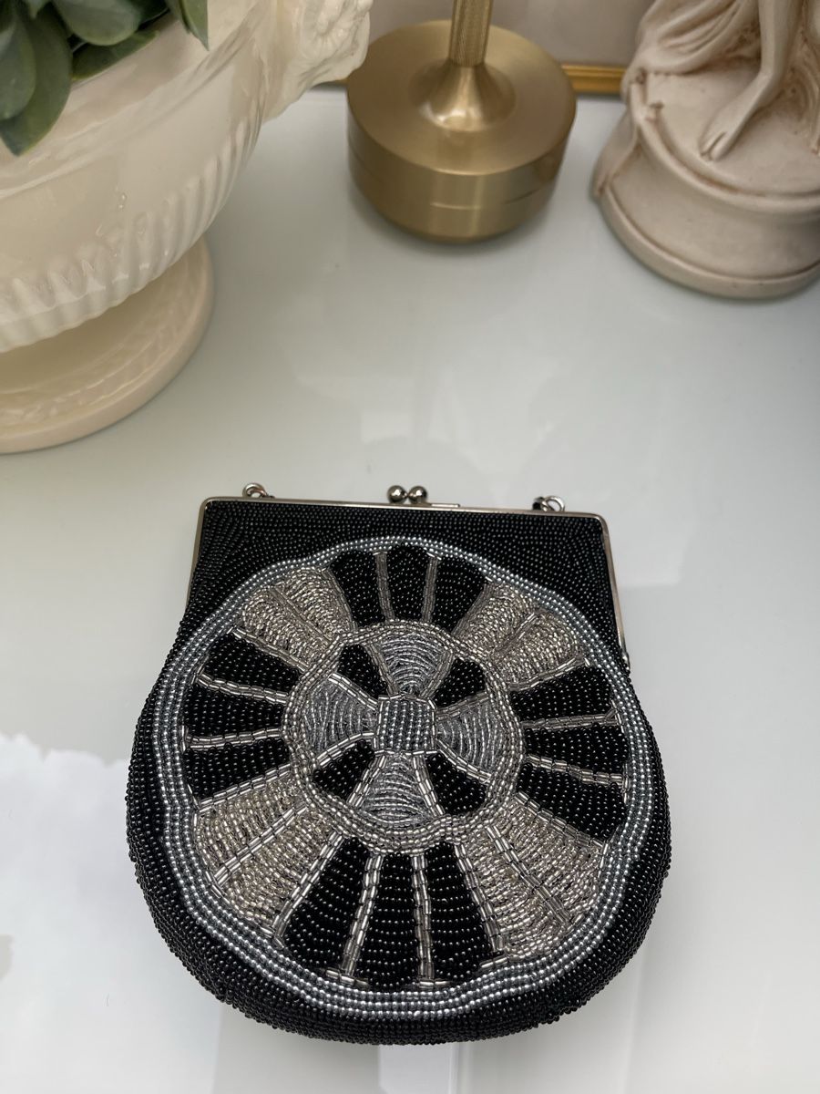 Borse da donna: Art-Deco Perlen-Abendtasche | Schwarz & Silber | Handbestick – Usato da Winkel venduto da Glamour-Style 6