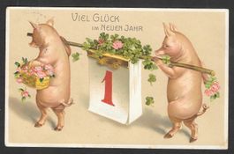 Neujahrskarte Viel Glück in Neuen Jahr Prägekarte Schweine