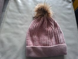 Wintermütze, Rosa, mit Bommel, warm gefüttert, Neu