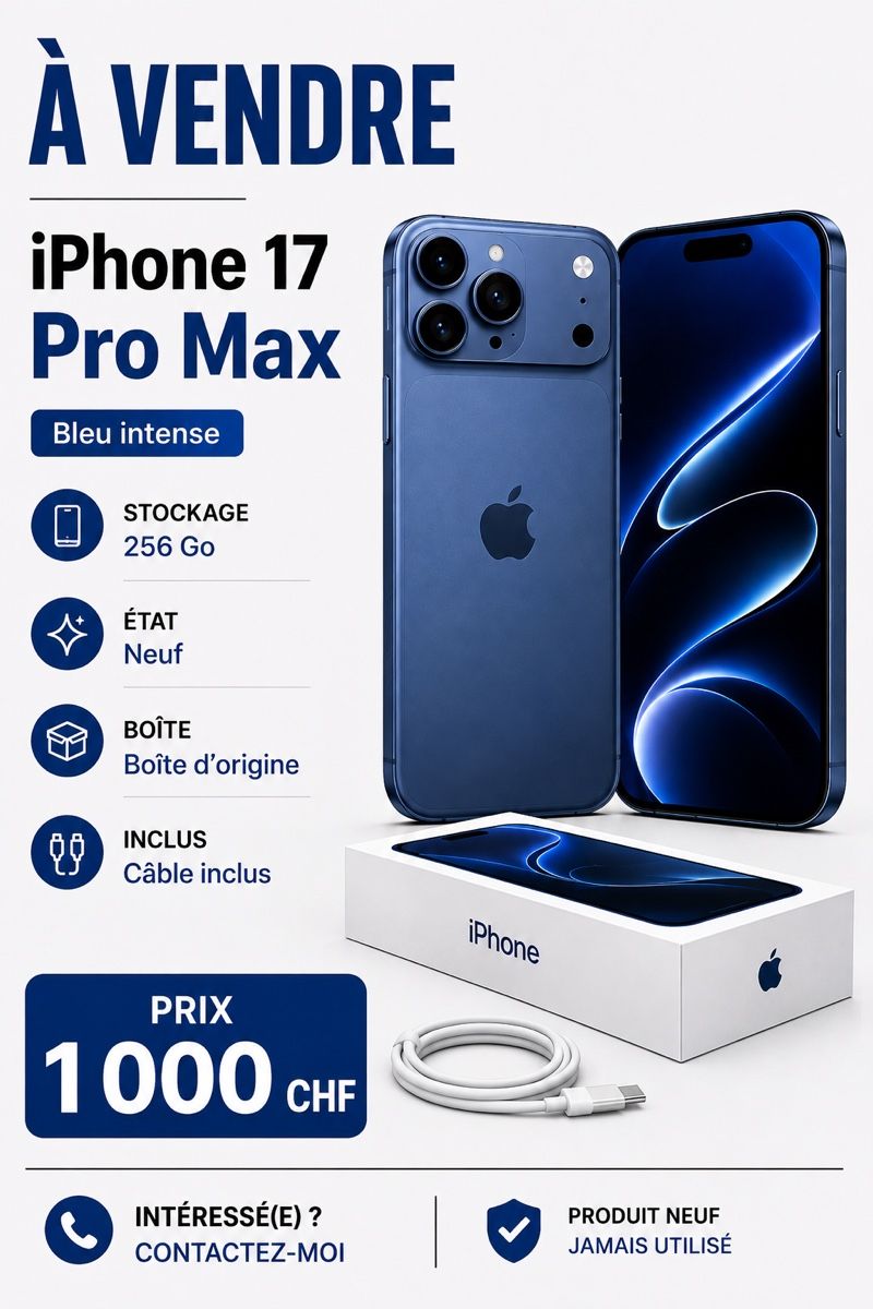 Apple Portables: iPhone 17 Pro Max 256 Go Bleu Neuf Boîte Originale – Neuf avec emballage d'origine à Lausanne par bou_vp6k