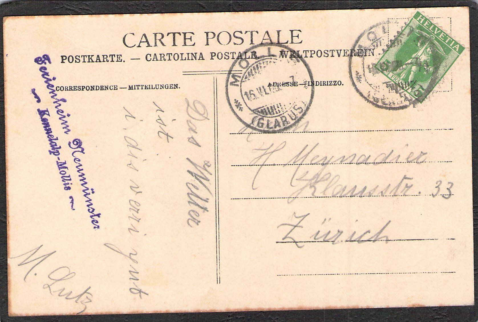 Ansichtskarten: ^Ferienheim Kennel Mollis , gel. 1908 – Gebraucht aus Reichenburg von Pipo-67 1