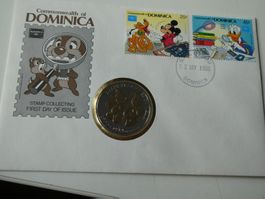 USA, Medaille 30 Jahre Disneyland auf Münzbrief von Dominica