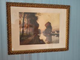 signiertes Landschaftsbild, gerahmt