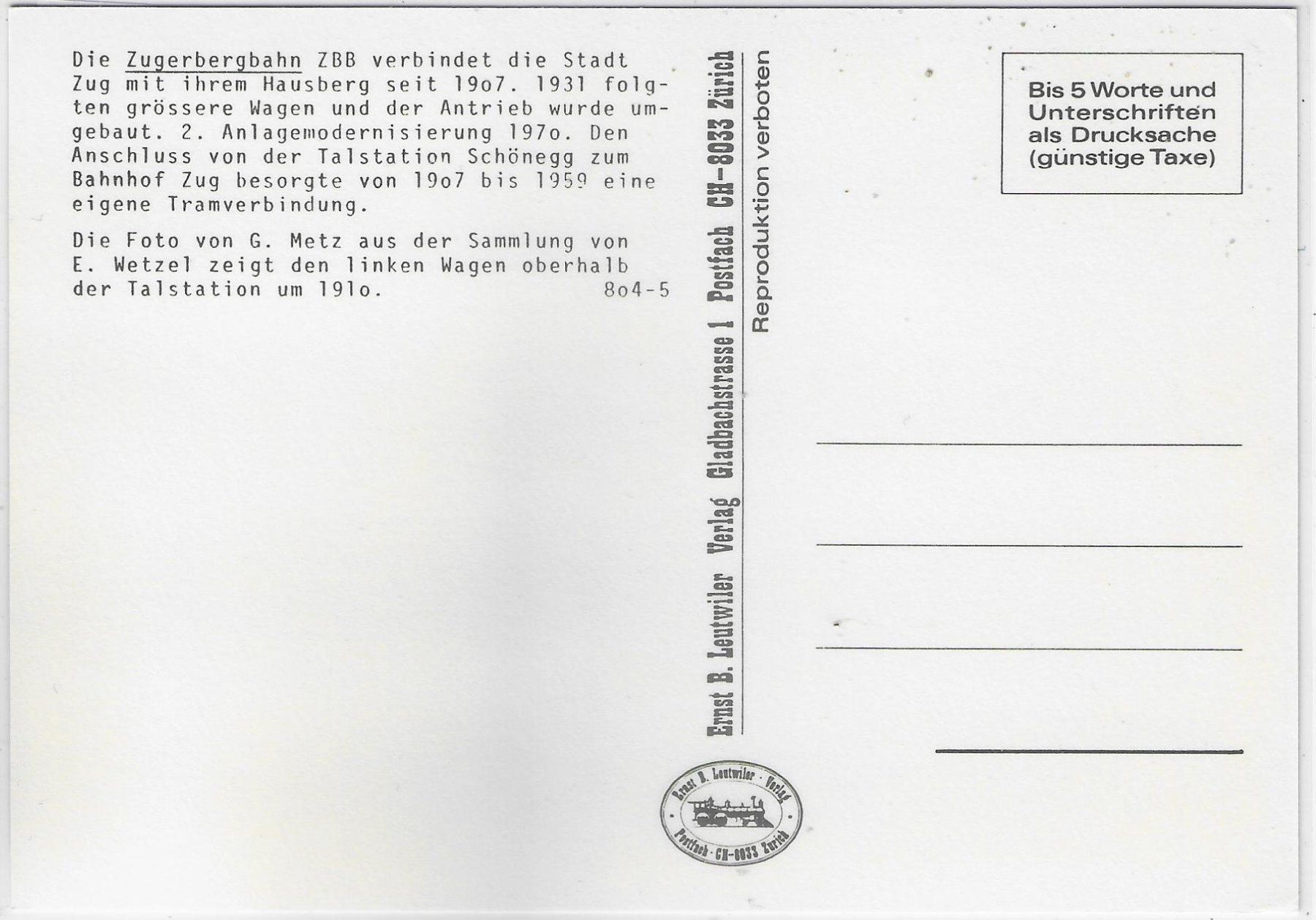 Cartoline postali: Zugerbergbahn ZBB – Usato da Ettingen venduto da Kartenplanet 1
