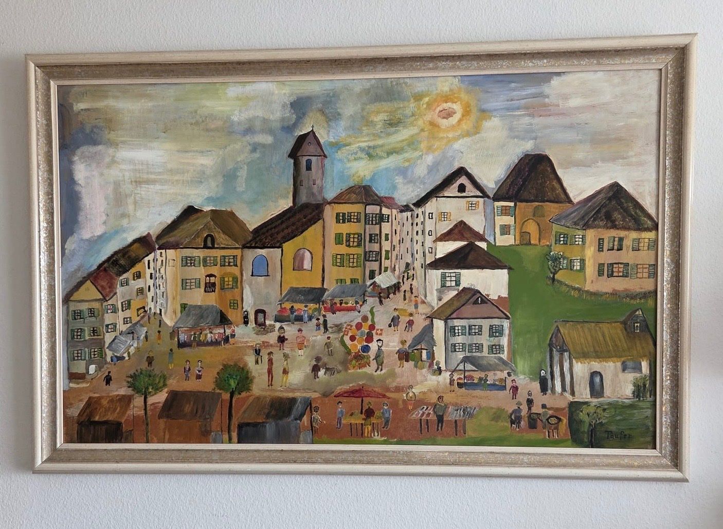 Gemälde: Ölgemälde Schweizer Dorf mit Markt, Taufer – Gebraucht aus Zürich von Kue_Zuerich