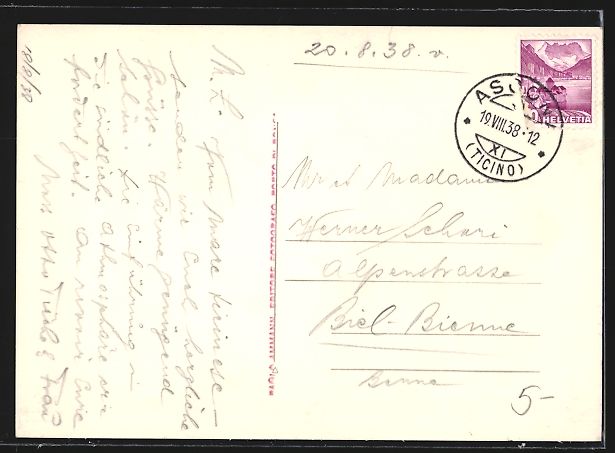 Cartoline postali: AK Ascona, Panorama mit Bergen, 1938 – Usato da Berlin venduto da bartko-reher 1