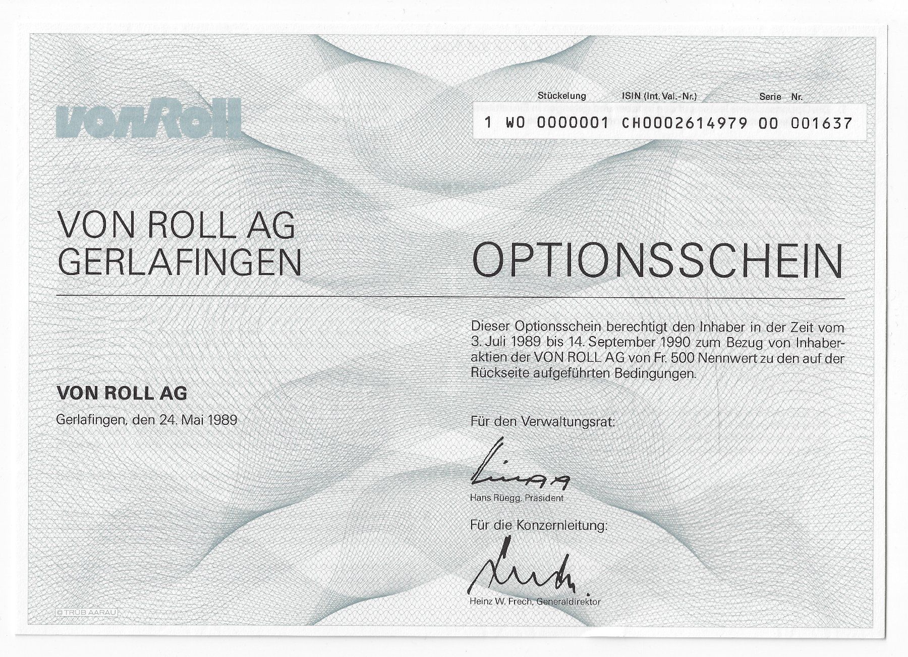 Documenti: von Roll AG - Optionsschein – Usato da Balsthal venduto da Palcivalle