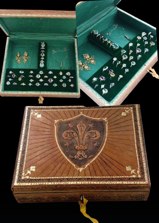 Antike Leder Schmuckbox Ringbox Schatulle mit grünem Samt (Gebraucht ...