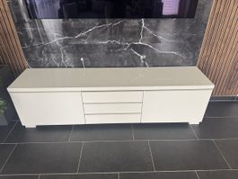 Meuble TV blanc laqué, 3 tiroirs, design moderne, excellent 