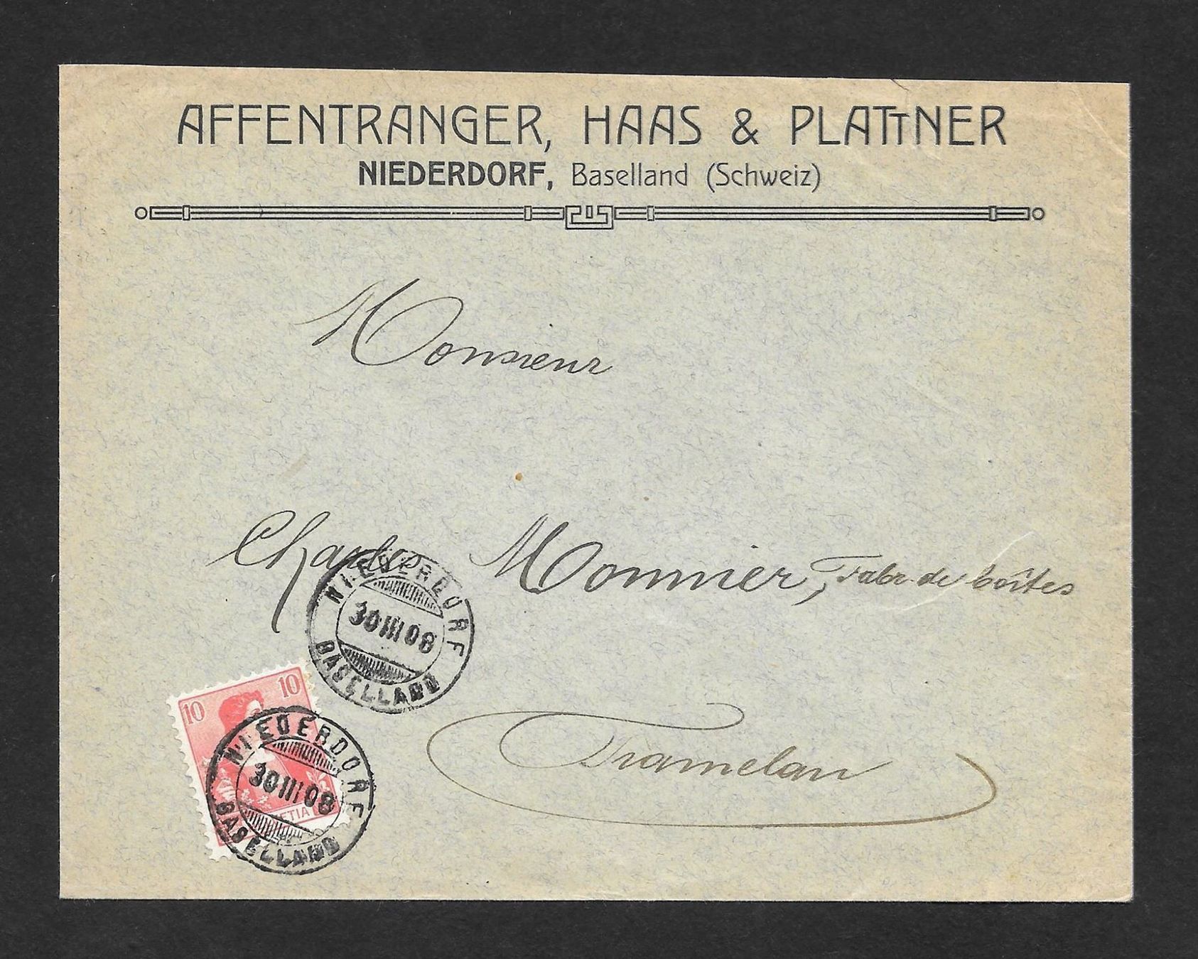Tutti i francobolli: Niederdorf illustrier. Brief Affentranger Haas Plattner 1908 – Usato da Olten venduto da clotaldi