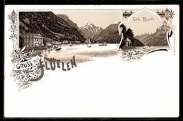 Lithographie Flüelen, Seeansicht mit Tells-Kapelle