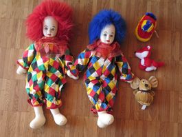 2 Clown Puppen + 2 Püsch Tiere + 1 Plüsch Auto