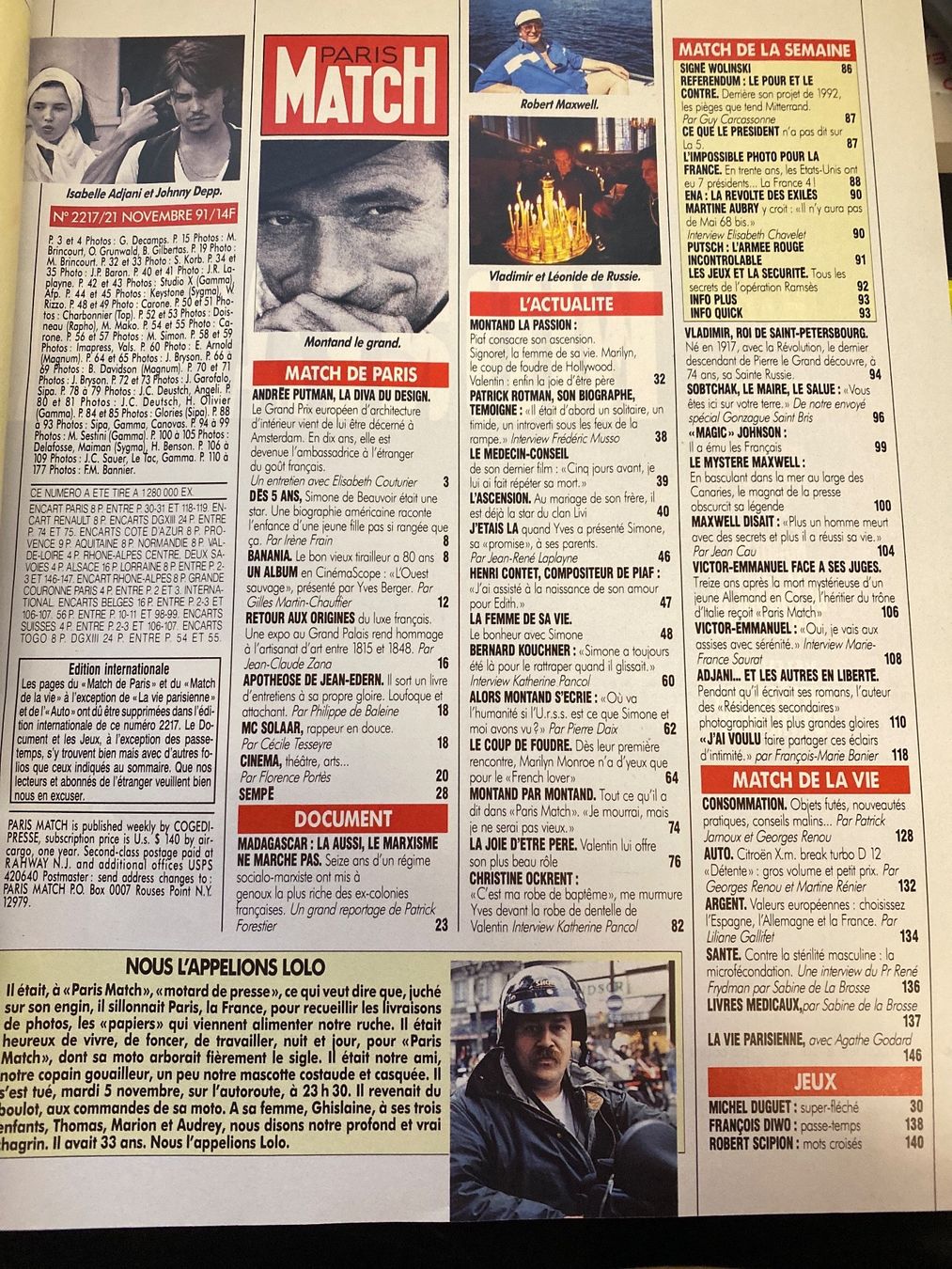 Riviste & Magazine: Paris Match - Montand Le Grand - 1991. – Usato da Le Brassus venduto da cinema13 1