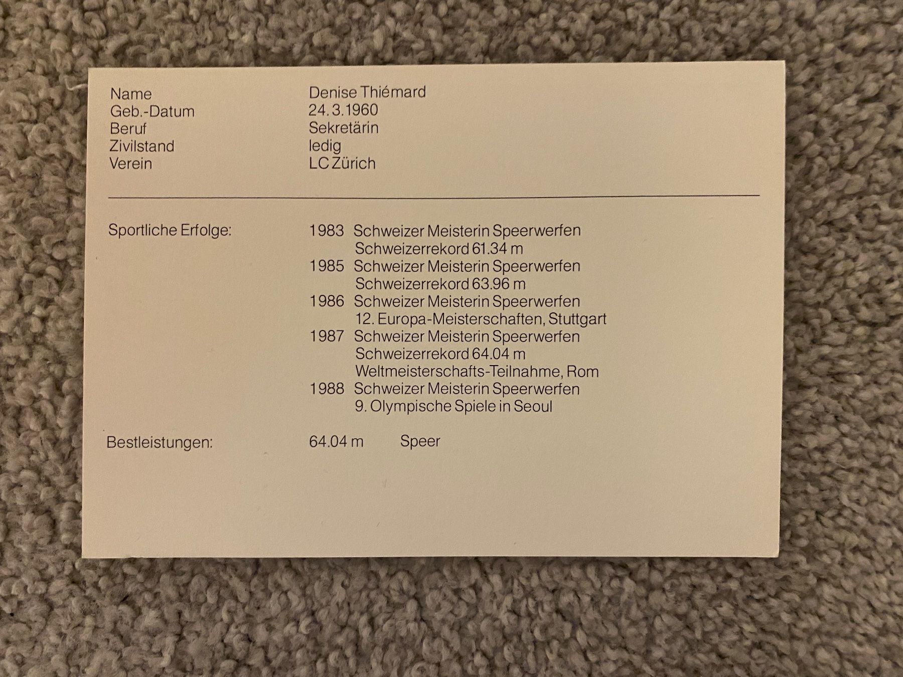 Autogramme: Denise Thiémard Autogrammkarte - Speerwerfen – Gebraucht aus Mörel von tim_w9py 1