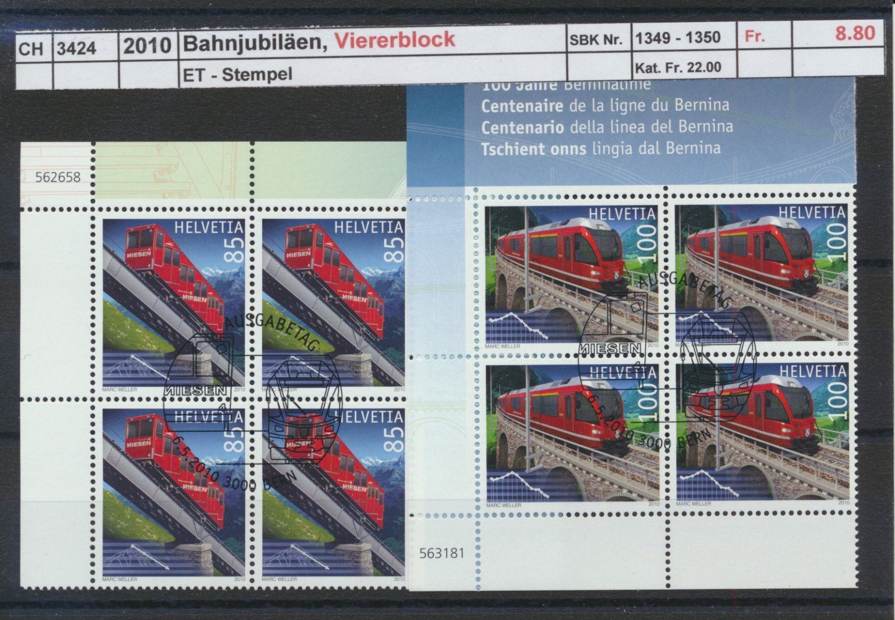 Tous les timbres: 2010 "Bahnjubiläen", Viererblock, ET - Stempel – D'occasion à Winterthur par Zupogeru