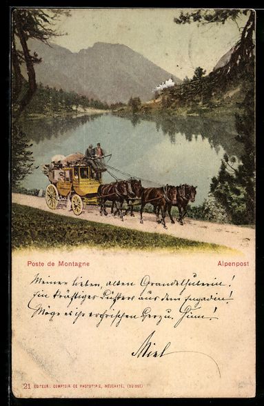 Cartes postales: Bergpost, Postkutsche passiert Bergsee – D'occasion à Berlin par bartko-reher