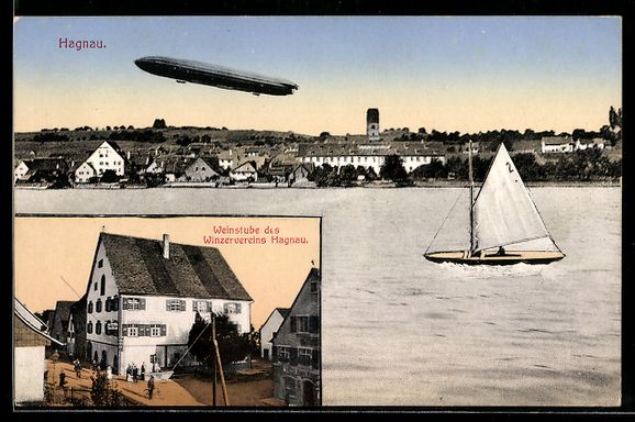 Cartoline postali: Hagnau, Ortsansicht mit Zeppelin und Seg – Usato da Berlin venduto da bartko-reher
